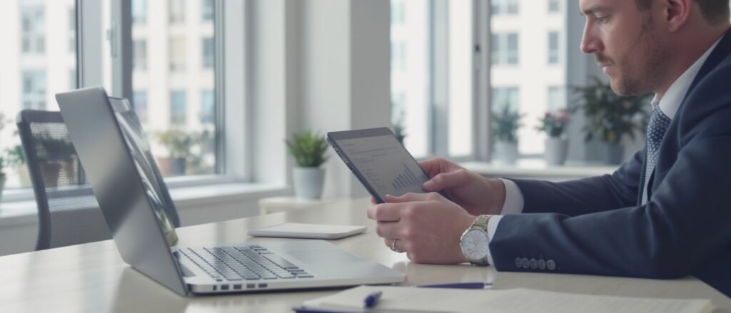 Ejecutivo analizando gráficos financieros en una tablet frente a su laptop en oficina moderna, representando análisis de datos y estrategia empresarial