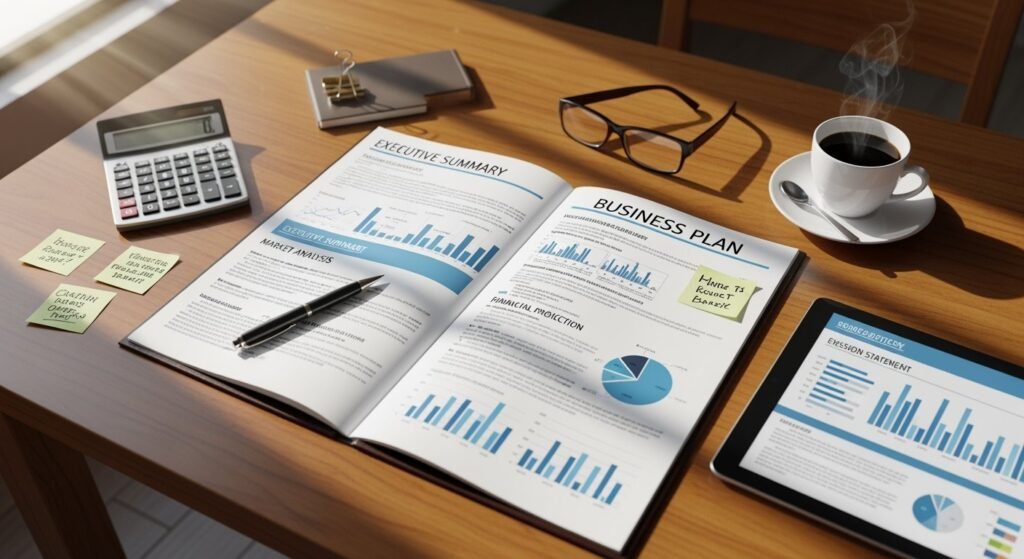 Escritorio con plan de negocio impreso, gráficos financieros, tablet, calculadora, notas adhesivas y taza de café, representando la planificación estratégica de un emprendimiento