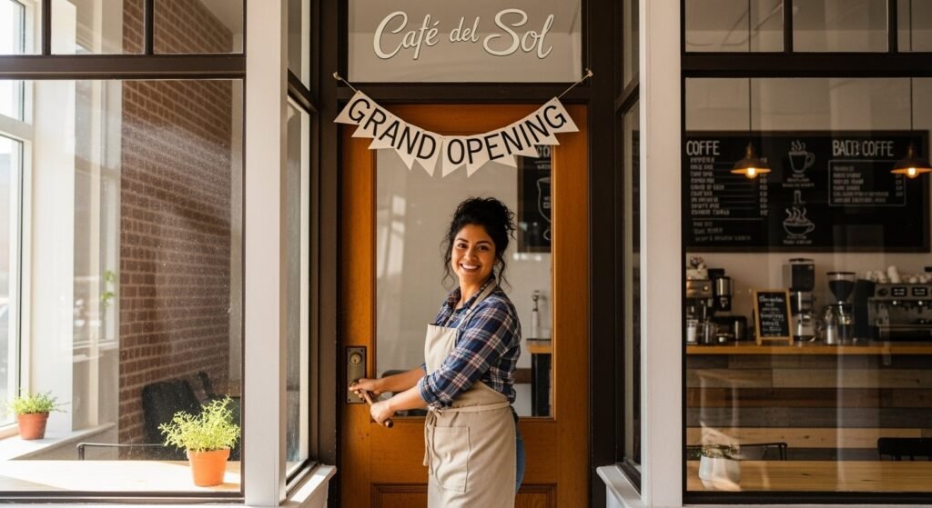 Mujer emprendedora sonriente abriendo su cafetería "Café del Sol" durante la gran inauguración, negocio propio de comida con decoración acogedora.