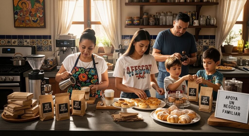 Familia preparando café y panadería casera en cocina tradicional, promoviendo un negocio familiar con productos artesanales