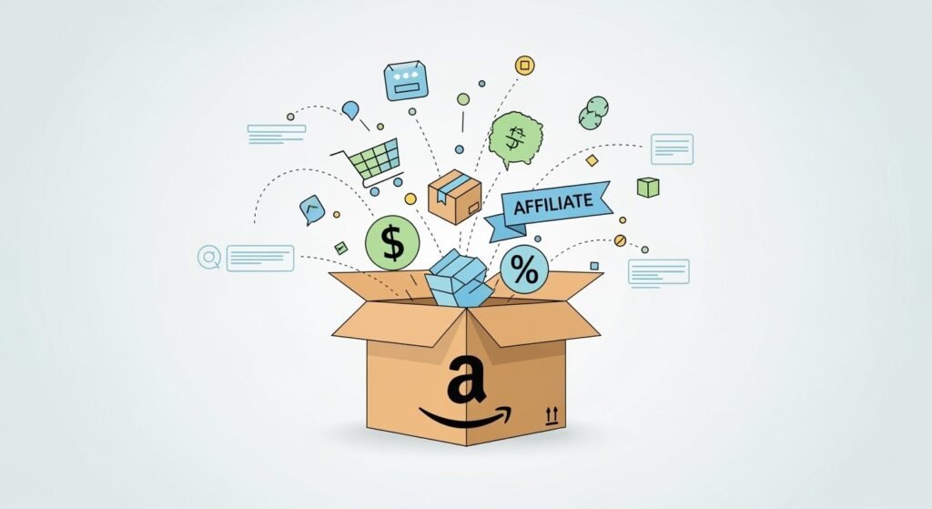 Caja de Amazon con íconos flotantes que representan marketing de afiliados, ganancias en línea, productos y descuentos digitales
