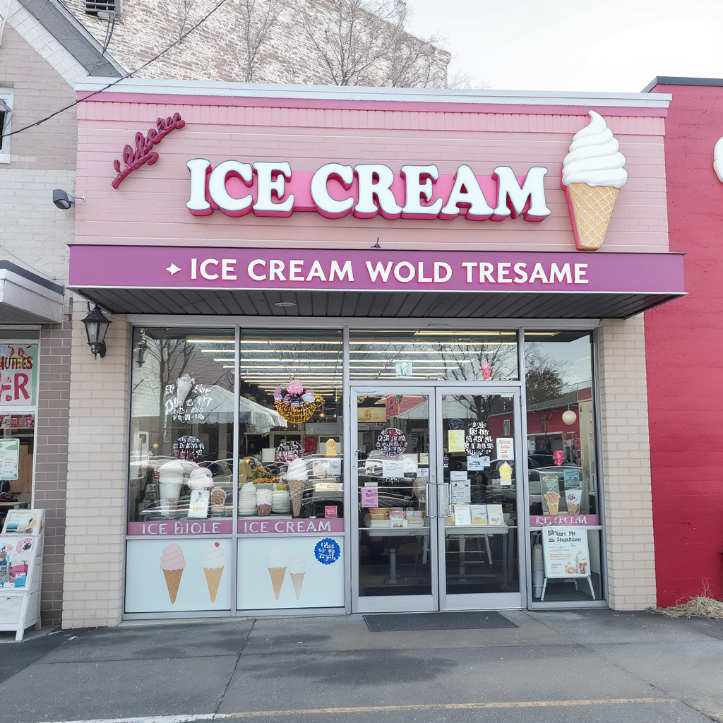 Fachada de heladería tradicional con letrero colorido, conos de helado decorativos y vitrinas de exhibición, ideal para representar un negocio de franquicia de postres