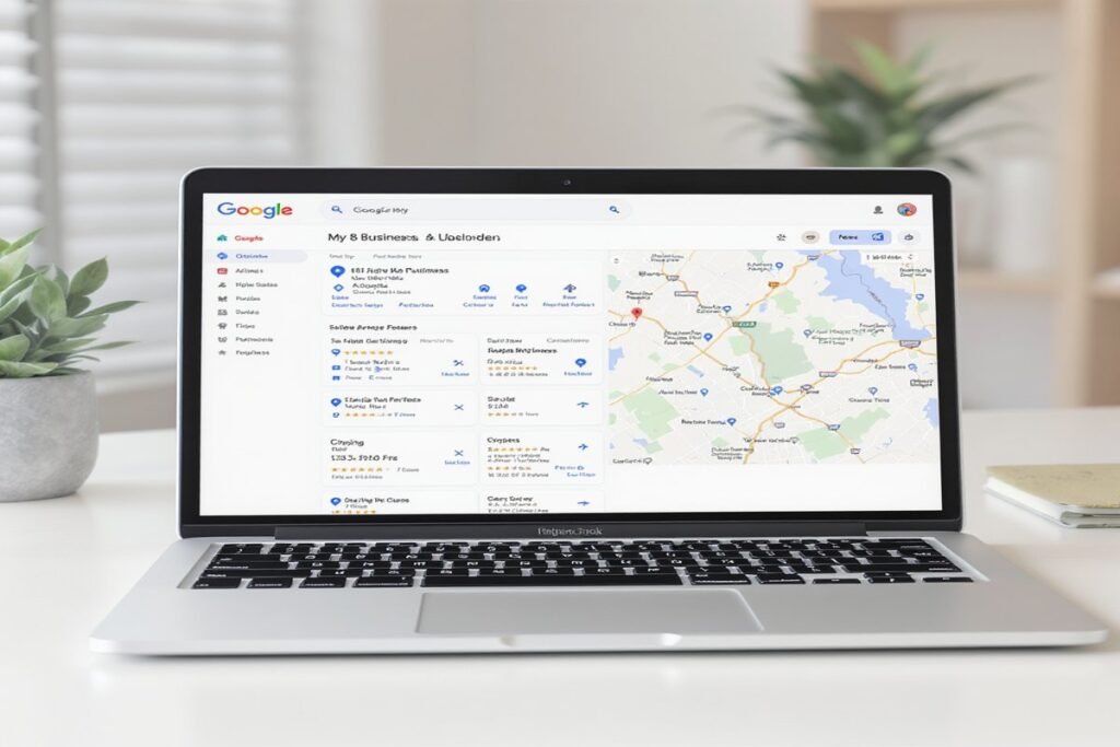 Pantalla de laptop mostrando resultados de Google Maps para negocios locales, útil para ilustrar estrategias de posicionamiento en Google My Business y presencia digital